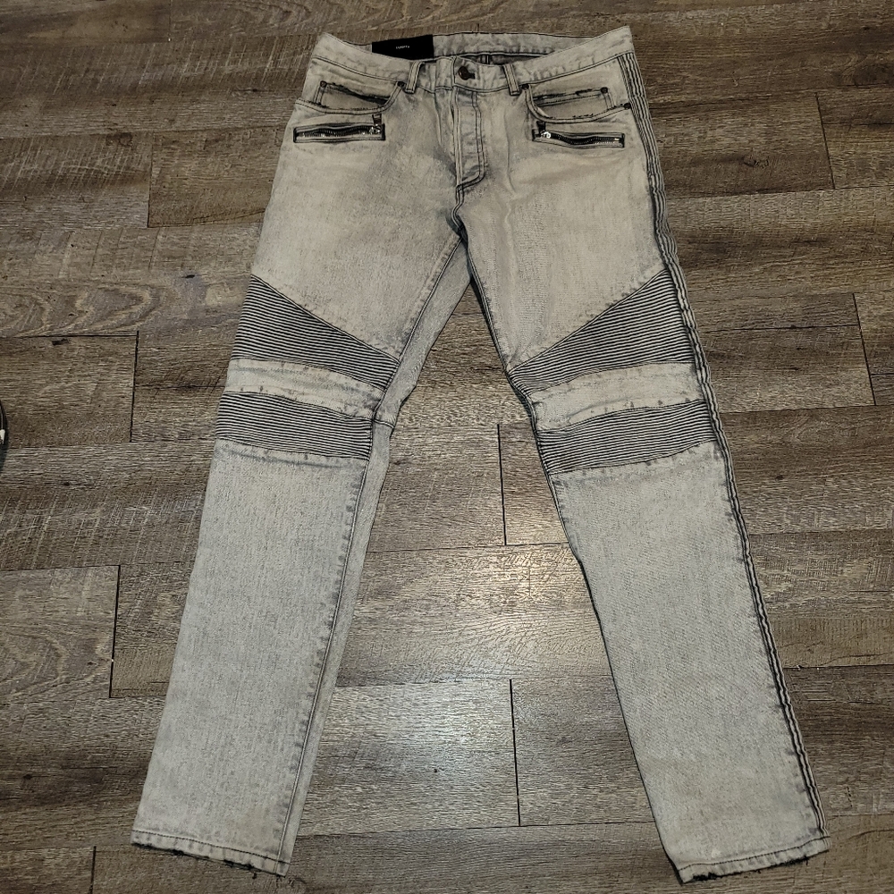 Balmain Tapered Men's Light Gray Washed Biker Jeans Size 34